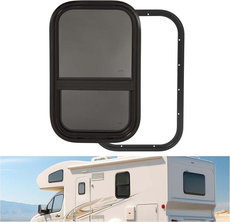 WUTIST RV Window 14" W x 22" H w/Trim Ring & Mesh Screen Vertical Slide Camper Teardrop Side Replacement Window Tented Tempered Glass Aluminium Plastic - Image 1
